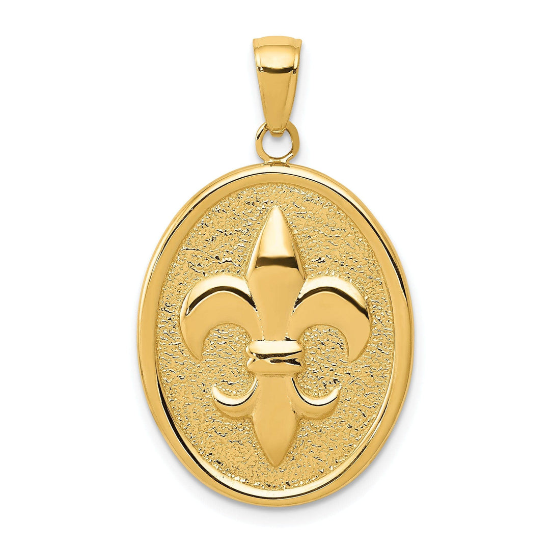 Lovely Rita's Pendants & Charms 14k Yellow Gold Solid Textured Polished Finish Mens Fleur-De-Lis on Oval Disk Shape Charm Pendant