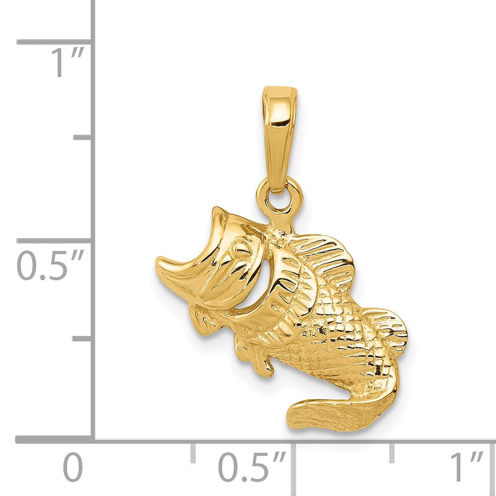 Lovely Rita's Pendants & Charms 14k Yellow Gold Solid Textured Polished Finish Small Size Open Mouthed Bass Fish Charm Pendant