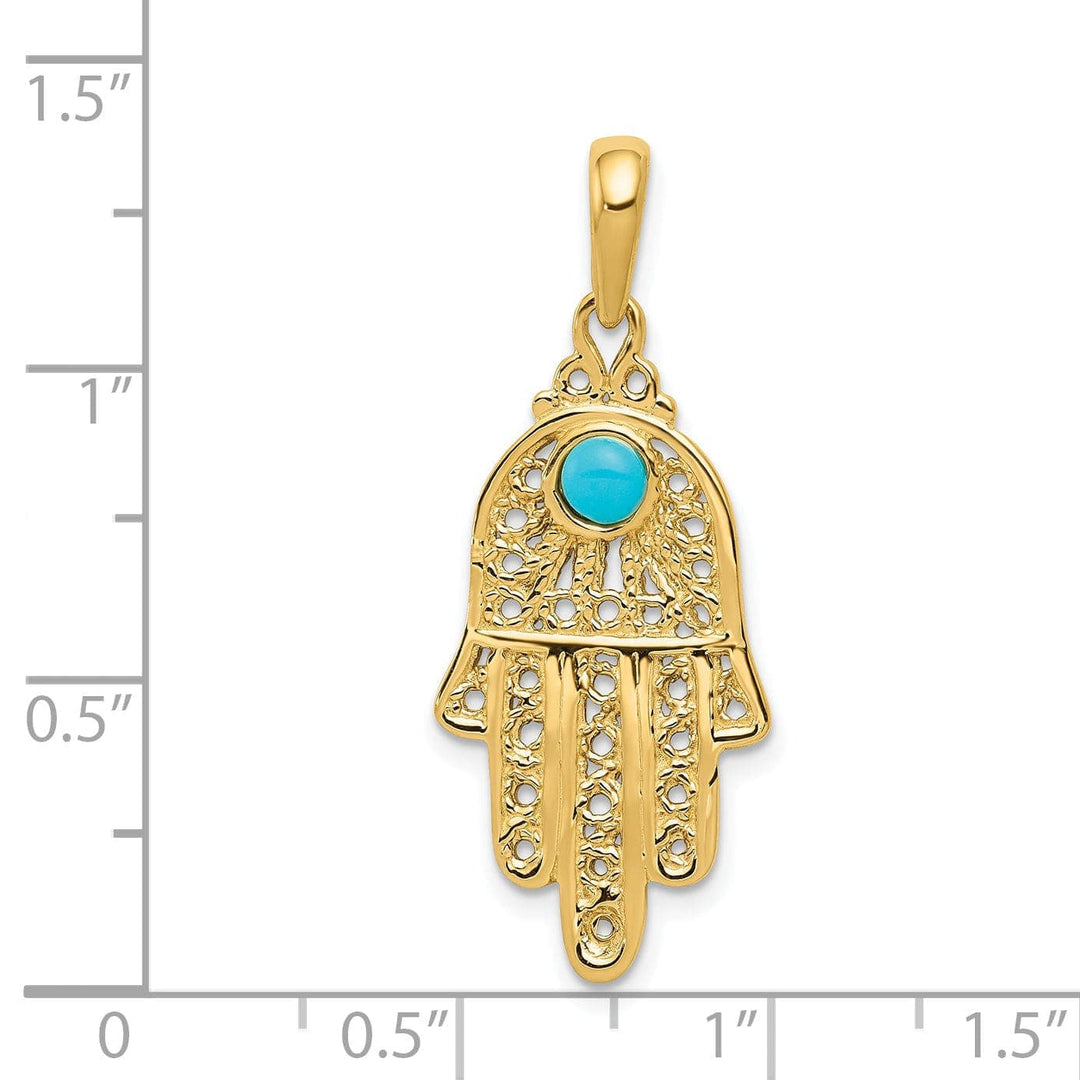 Lovely Rita's Pendants & Charms 14k Yellow Gold Synthetic Turquoise Stone Filigree Chamseh Pendant