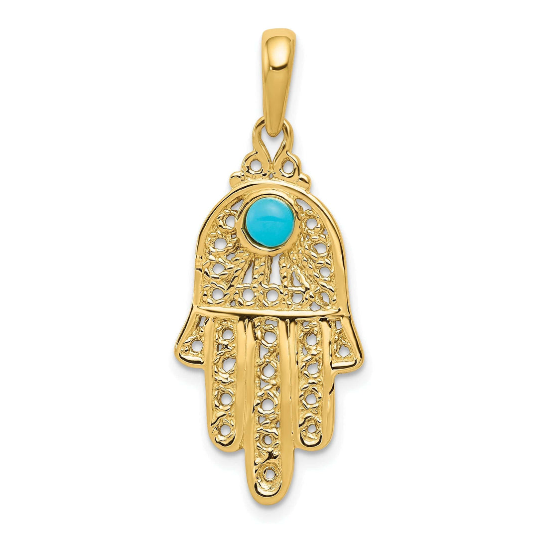 Lovely Rita's Pendants & Charms 14k Yellow Gold Synthetic Turquoise Stone Filigree Chamseh Pendant