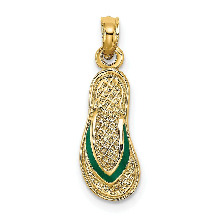 Lovely Rita's Pendants & Charms 14k Yellow Gold Testure Polished Finish 3-Dimensional Polished Texture Green Enamel Finish Single Flip-Flop Sandle Charm Pendant