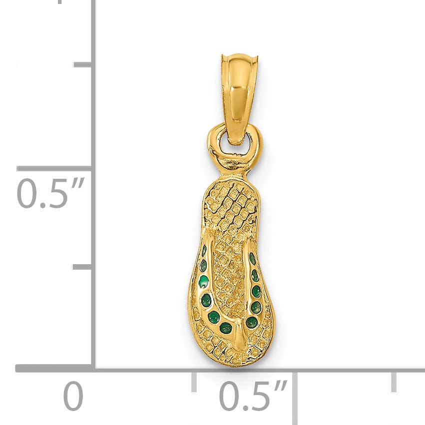 Lovely Rita's Pendants & Charms 14k Yellow Gold Testure Polished Finish 3-Dimensional Polished Texture Green Enamel Finish Single Flip-Flop Sandle Charm Pendant