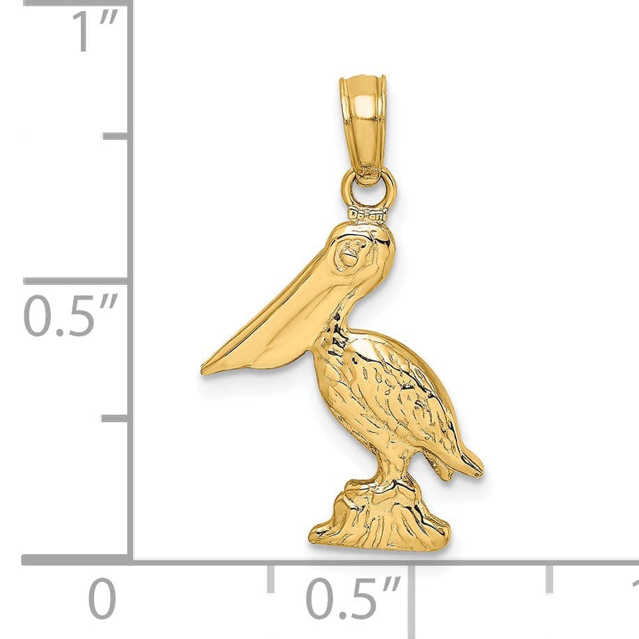Lovely Rita's Pendants & Charms 14K Yellow Gold Texture Polished Finish 3-Dimensional Pelican Standing on Piling Charm Pendant