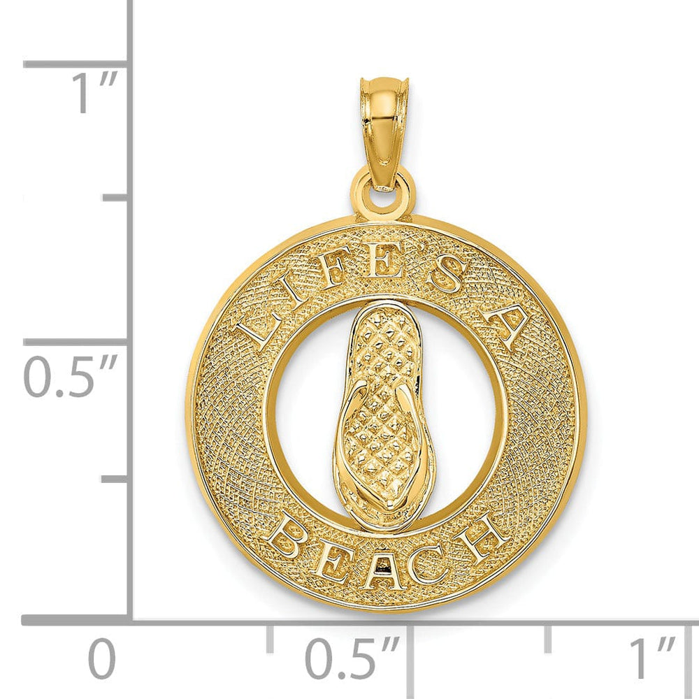 Lovely Rita's Pendants & Charms 14K Yellow Gold Texture Polished Finish Solid Flat Back LIFES A BEACH Circle Shape with Flip-FlopSandle Design Charm Pendant