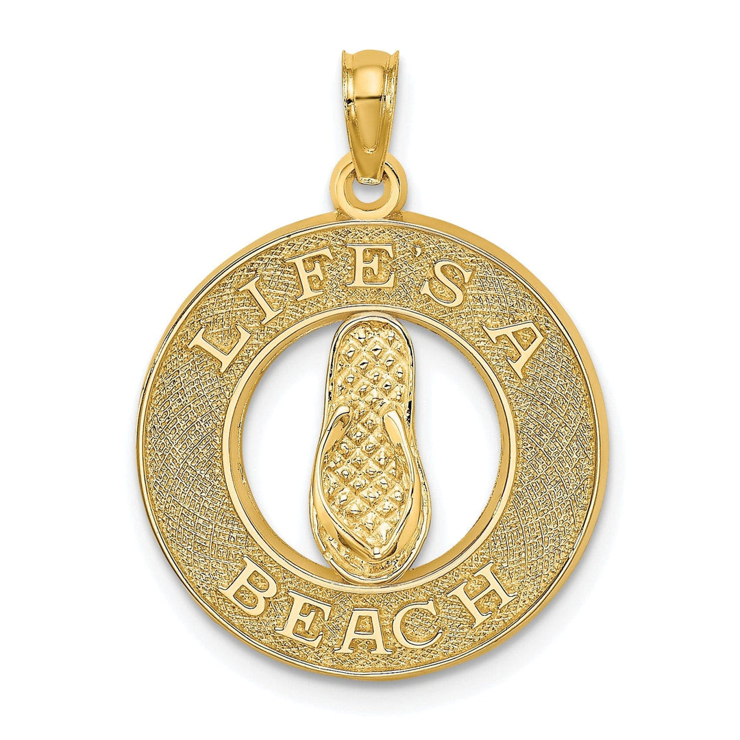 Lovely Rita's Pendants & Charms 14K Yellow Gold Texture Polished Finish Solid Flat Back LIFES A BEACH Circle Shape with Flip-FlopSandle Design Charm Pendant