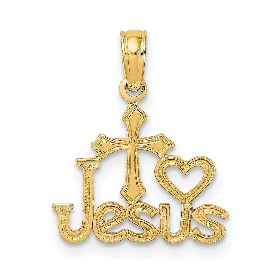 Lovely Rita's Pendants & Charms 14K Yellow Gold Texture Polished JESUS Script with Cross Heart Pendant