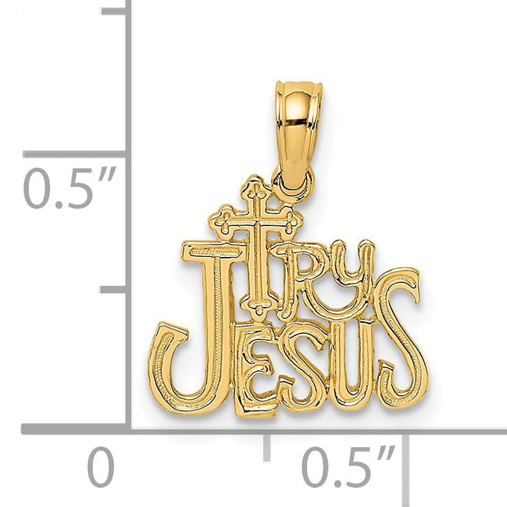 Lovely Rita's Pendants & Charms 14K Yellow Gold Texture Polished Try JESUS Script with Cross Pendant