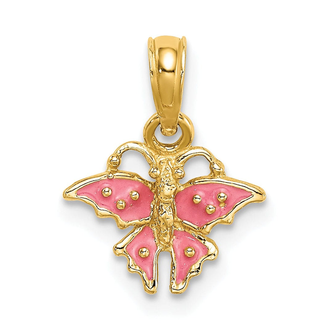 Lovely Rita's Pendants & Charms 14K Yellow Gold Textured Back Solid Polished Finish Enamel Mini Pink Butterfly Charm Pendant