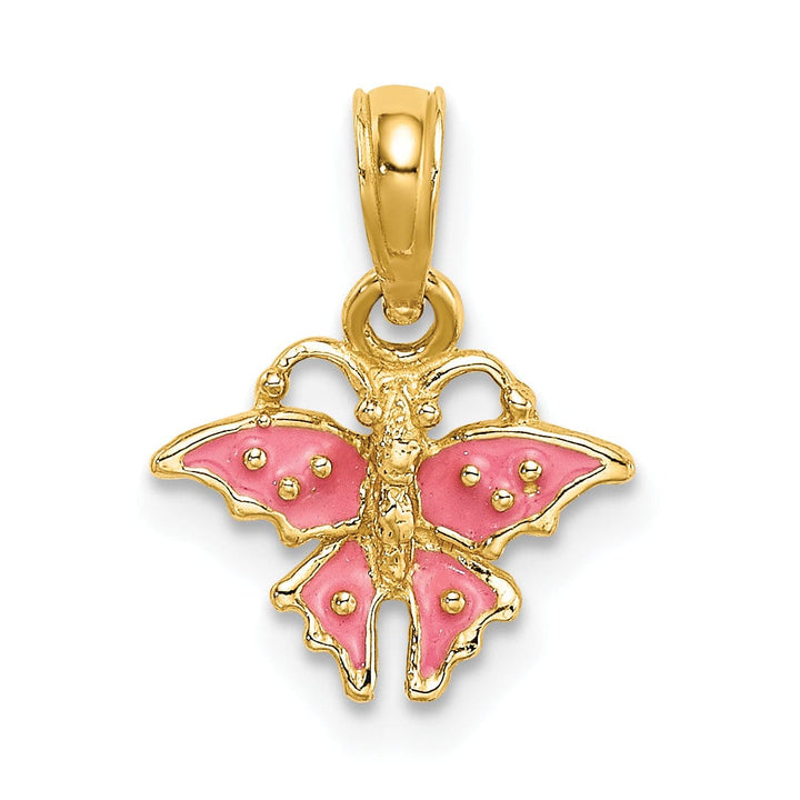 Lovely Rita's Pendants & Charms 14K Yellow Gold Textured Back Solid Polished Finish Enamel Mini Pink Butterfly Charm Pendant