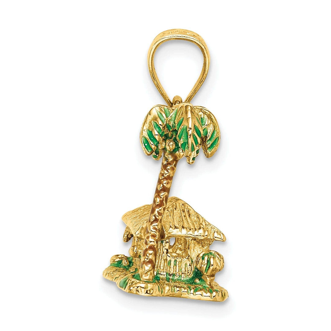 Lovely Rita's Pendants & Charms 14K Yellow Gold Textured Multi-Color Enameled Finish 3-Dimensional Palm Tree and Hut Charm Pendant