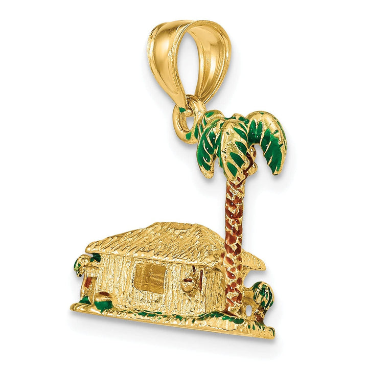 Lovely Rita's Pendants & Charms 14K Yellow Gold Textured Multi-Color Enameled Finish 3-Dimensional Palm Tree and Hut Charm Pendant