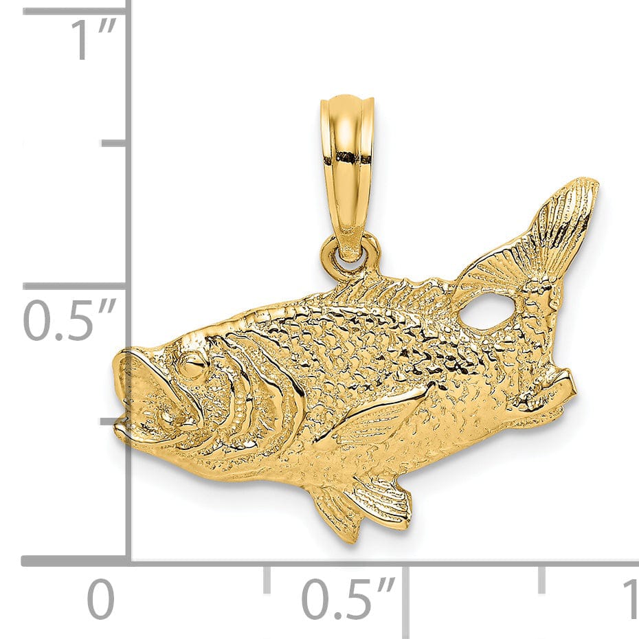 Lovely Rita's Pendants & Charms 14K Yellow Gold Textured Polished Finish 2-Dimensional Bass Fish with Tail Up Design Charm Pendant