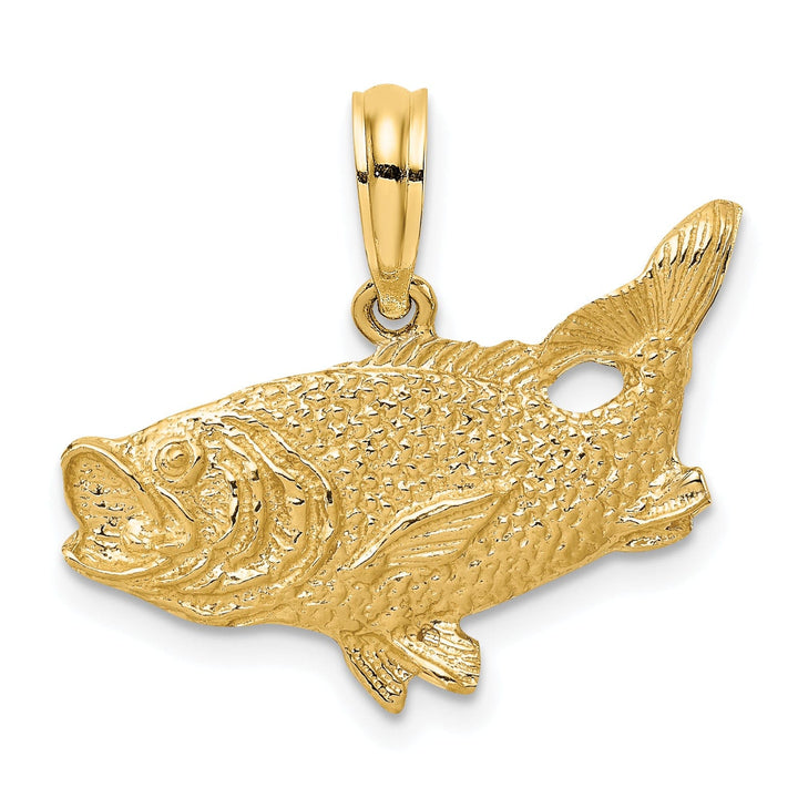 Lovely Rita's Pendants & Charms 14K Yellow Gold Textured Polished Finish 2-Dimensional Bass Fish with Tail Up Design Charm Pendant