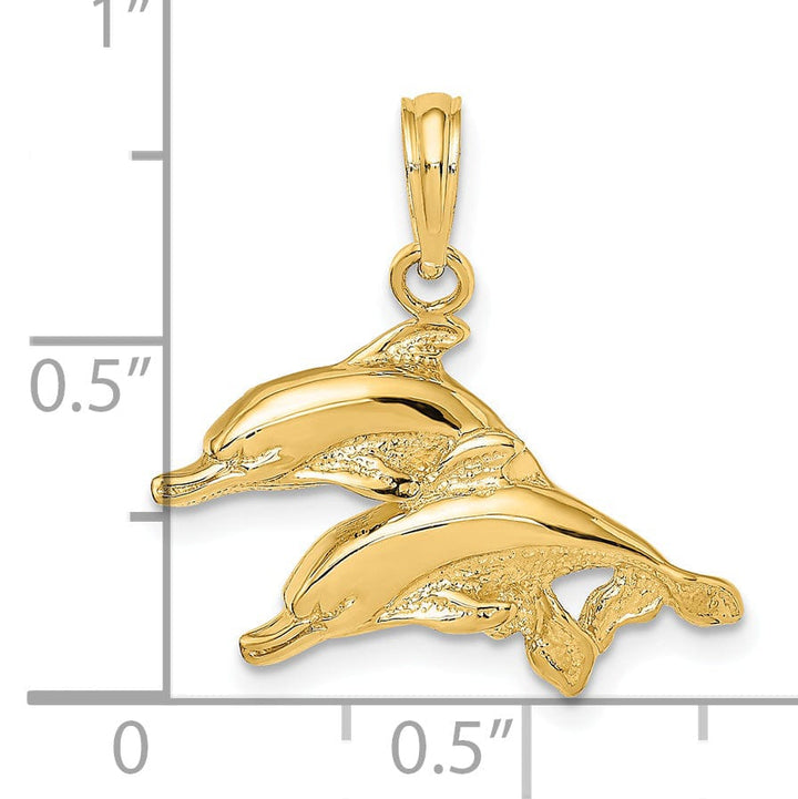 Lovely Rita's Pendants & Charms 14K Yellow Gold Textured Polished Finish 2-Dimensional Double Dolphins Charm Pendant