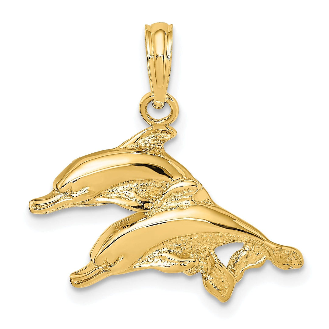 Lovely Rita's Pendants & Charms 14K Yellow Gold Textured Polished Finish 2-Dimensional Double Dolphins Charm Pendant