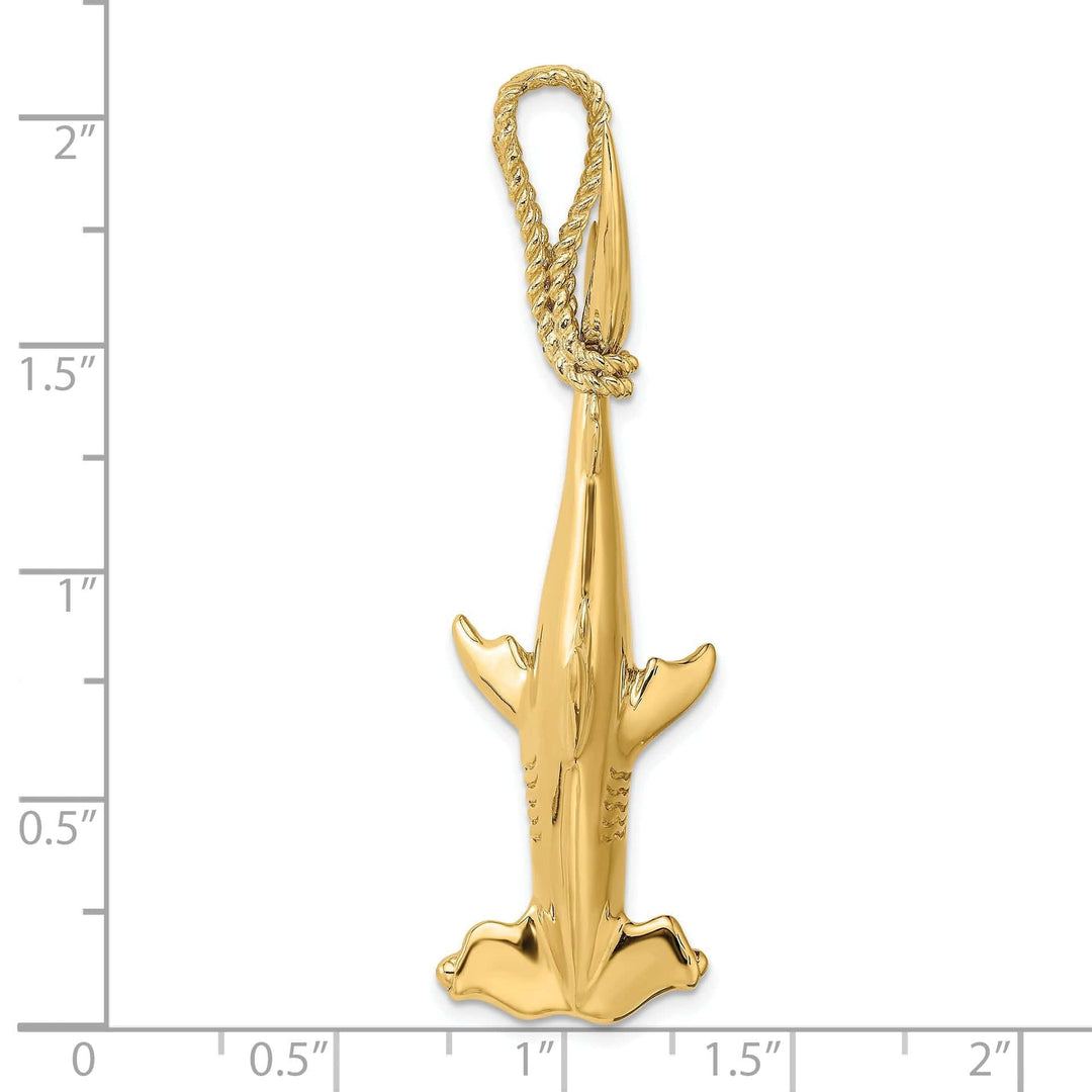 Lovely Rita's Pendants & Charms 14K Yellow Gold Textured Polished Finish 3-Dimensional Hammerhead Shark with Rope Bail Design Charm Pendant