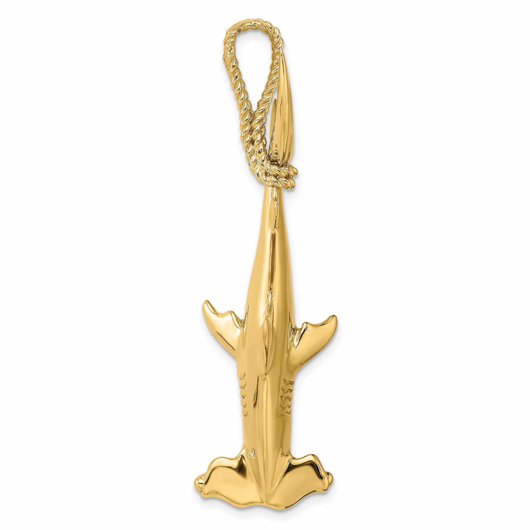 Lovely Rita's Pendants & Charms 14K Yellow Gold Textured Polished Finish 3-Dimensional Hammerhead Shark with Rope Bail Design Charm Pendant