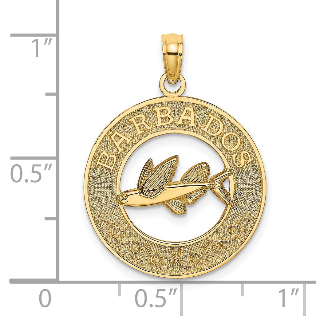 Lovely Rita's Pendants & Charms 14K Yellow Gold Textured Polished Finish BARBADOS with Flying Fish in Circle Design Charm Pendant
