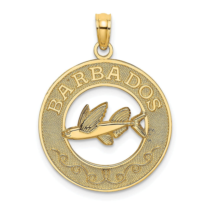 Lovely Rita's Pendants & Charms 14K Yellow Gold Textured Polished Finish BARBADOS with Flying Fish in Circle Design Charm Pendant