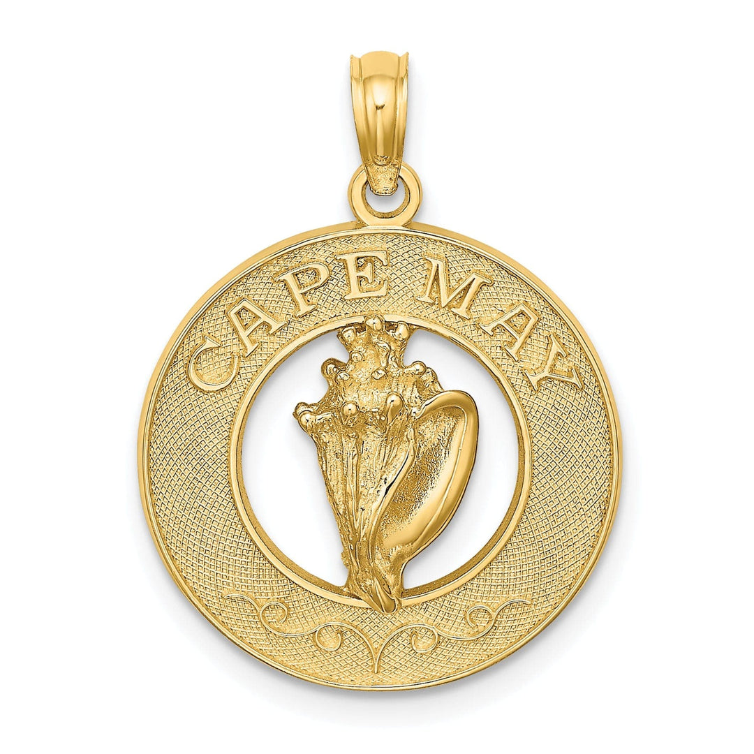 Lovely Rita's Pendants & Charms 14K Yellow Gold Textured Polished Finish CAPE MAY with Conch Sea Shell in Circle Design Charm Pendant