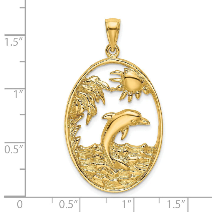 Lovely Rita's Pendants & Charms 14K Yellow Gold Textured Polished Finish Dolphin Jumping in Ocean Scene Design Charm Pendant