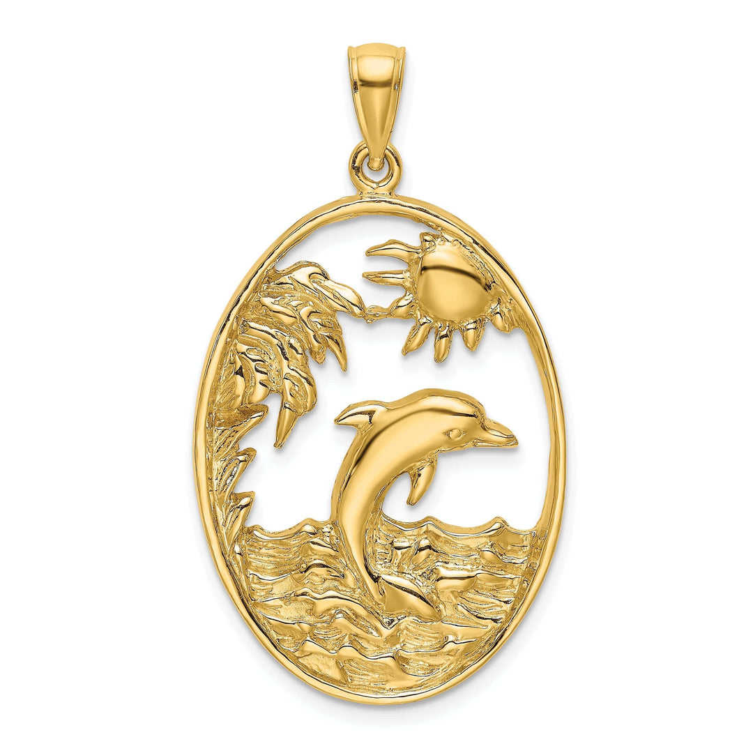 Lovely Rita's Pendants & Charms 14K Yellow Gold Textured Polished Finish Dolphin Jumping in Ocean Scene Design Charm Pendant
