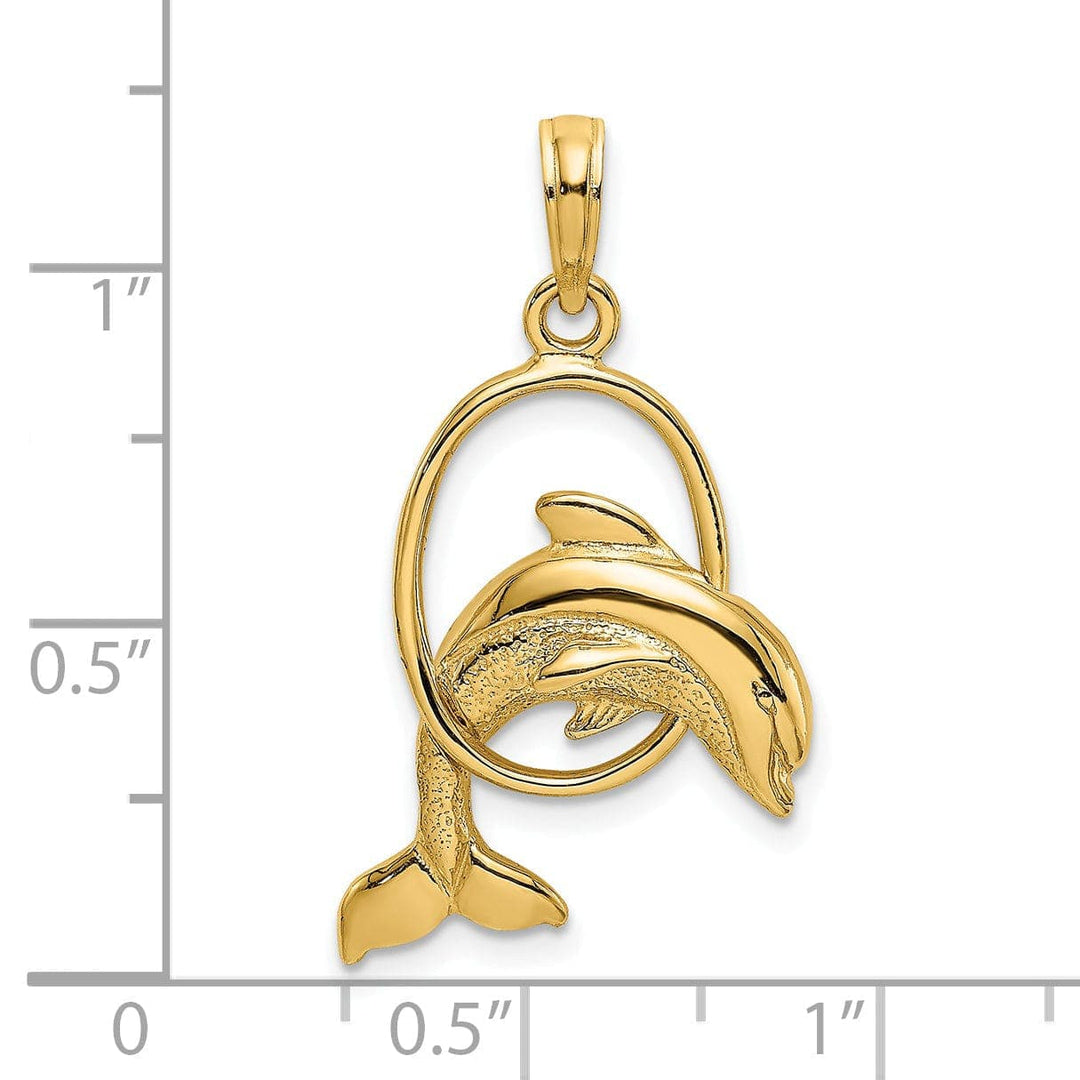 Lovely Rita's Pendants & Charms 14K Yellow Gold Textured Polished Finish Dolphin Jumping Through Hoop Charm Pendant