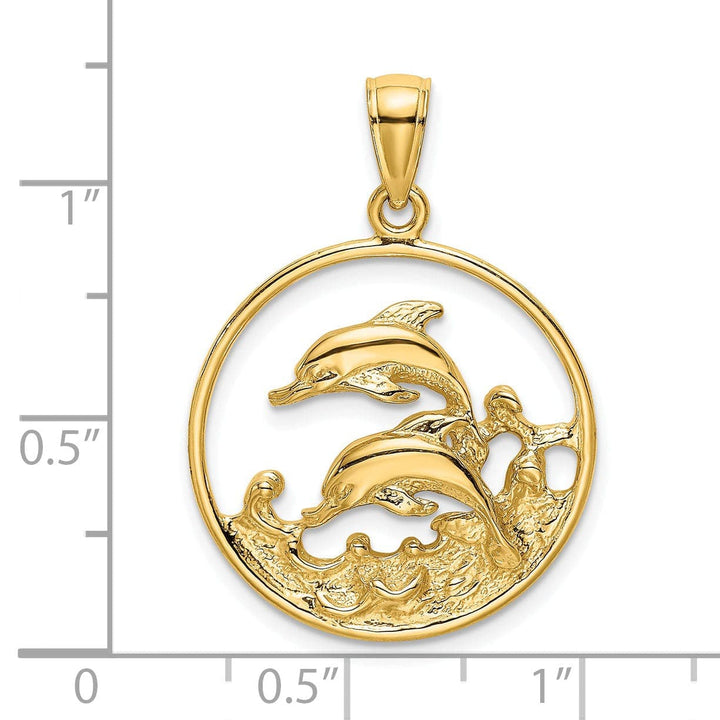 Lovely Rita's Pendants & Charms 14K Yellow Gold Textured Polished Finish Double Dolphins In Circle Design Charm Pendant