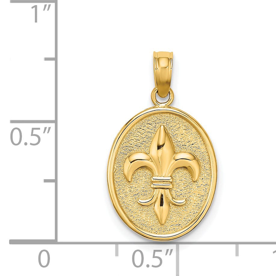 Lovely Rita's Pendants & Charms 14K Yellow Gold Textured Polished Finish Fleur de Lis on Oval Disc Shape Design Charm Pendant
