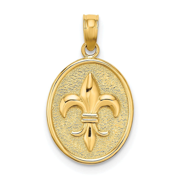 Lovely Rita's Pendants & Charms 14K Yellow Gold Textured Polished Finish Fleur de Lis on Oval Disc Shape Design Charm Pendant