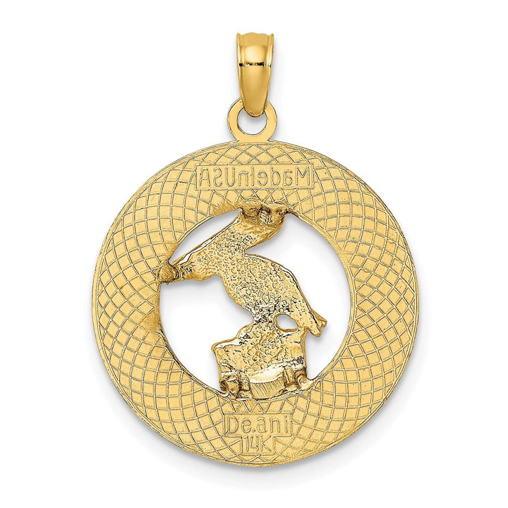 Lovely Rita's Pendants & Charms 14K Yellow Gold Textured Polished Finish FT. LAUDERDALE-BY-THE-SEA Flordia with Pelican in Circle Design Charm Pendant