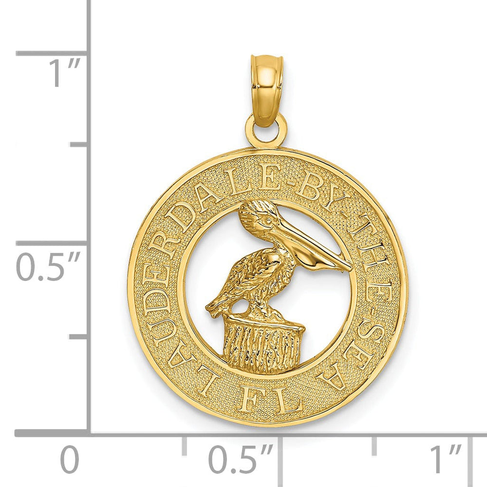 Lovely Rita's Pendants & Charms 14K Yellow Gold Textured Polished Finish FT. LAUDERDALE-BY-THE-SEA Flordia with Pelican in Circle Design Charm Pendant
