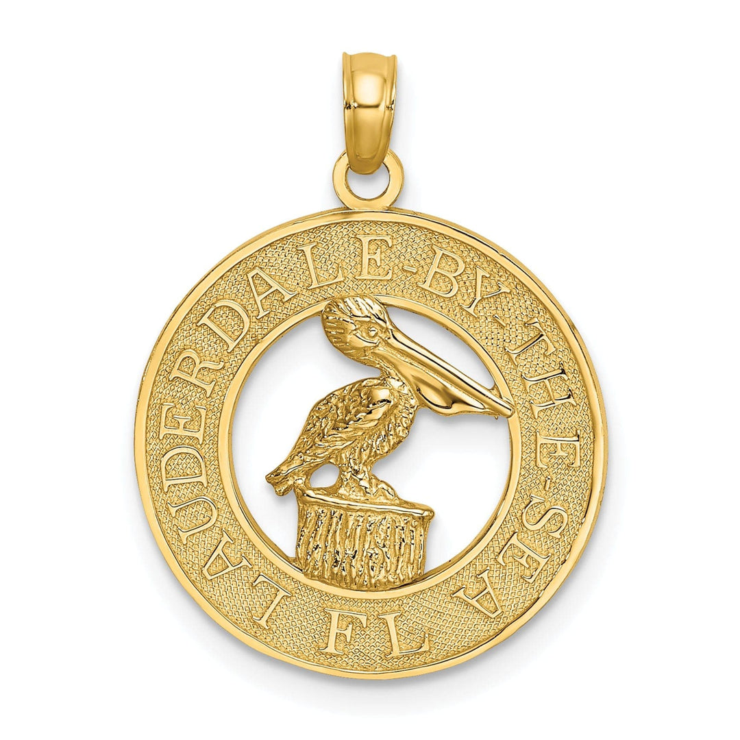 Lovely Rita's Pendants & Charms 14K Yellow Gold Textured Polished Finish FT. LAUDERDALE-BY-THE-SEA Flordia with Pelican in Circle Design Charm Pendant