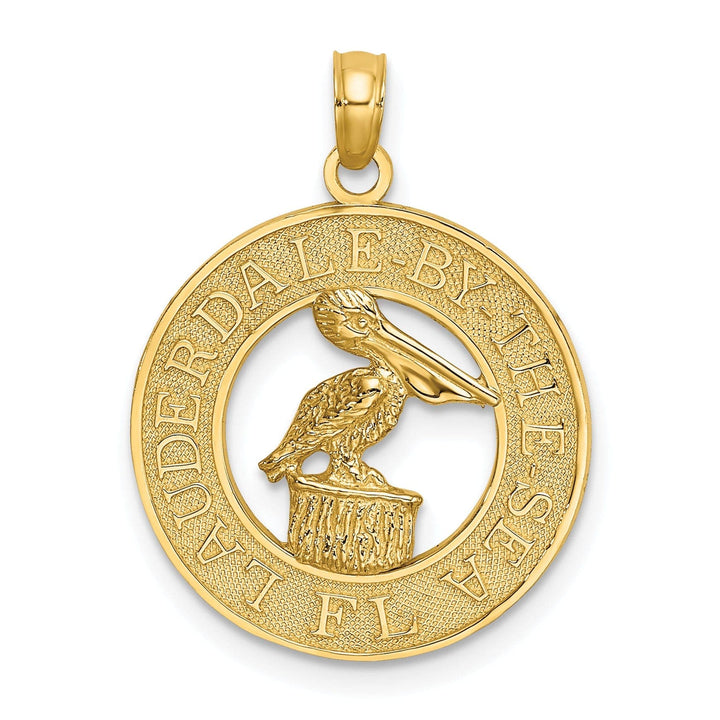 Lovely Rita's Pendants & Charms 14K Yellow Gold Textured Polished Finish FT. LAUDERDALE-BY-THE-SEA Flordia with Pelican in Circle Design Charm Pendant