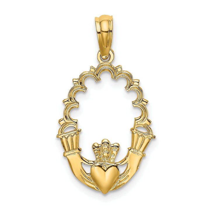 Lovely Rita's Pendants & Charms 14K Yellow Gold Textured Polished Finish In Ova Shape Claddagh Design with Lace Trim Charm Pendant