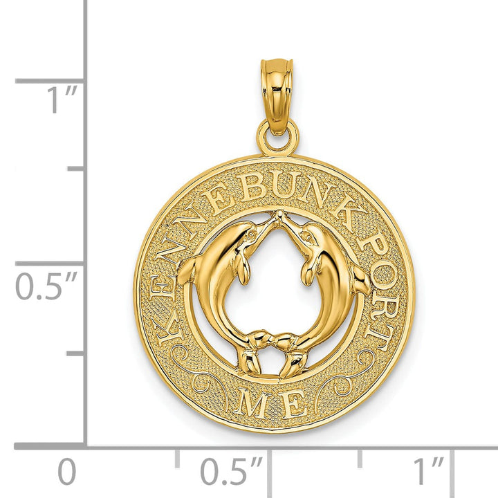 Lovely Rita's Pendants & Charms 14K Yellow Gold Textured Polished Finish KENNEBUNKPORT Maine with Double Dolphins in Circle Design Charm Pendant