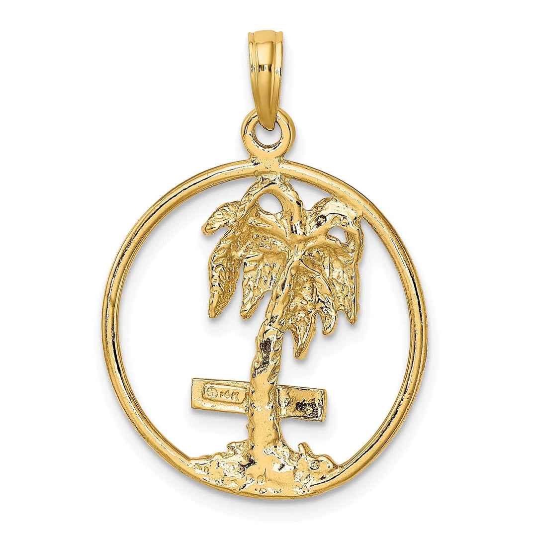 Lovely Rita's Pendants & Charms 14K Yellow Gold Textured Polished Finish MARCO ISLAND Banner Sign on Palm Tree in Circle Design Charm Pendant