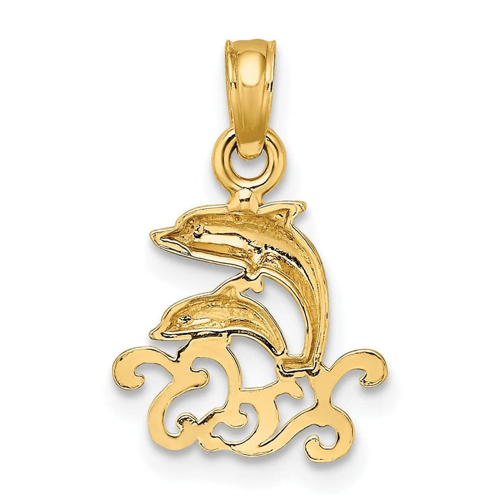 Lovely Rita's Pendants & Charms 14K Yellow Gold Textured Polished Finish Mini Double Dolphins and Waves Design Charm Pendant