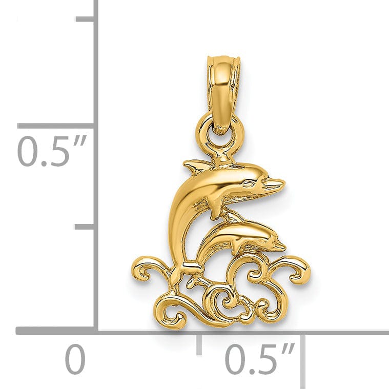 Lovely Rita's Pendants & Charms 14K Yellow Gold Textured Polished Finish Mini Double Dolphins and Waves Design Charm Pendant