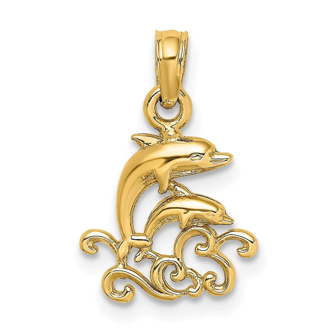 Lovely Rita's Pendants & Charms 14K Yellow Gold Textured Polished Finish Mini Double Dolphins and Waves Design Charm Pendant