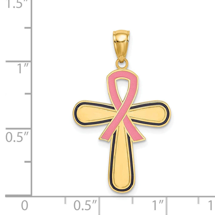 Lovely Rita's Pendants & Charms 14K Yellow Gold Textured Polished Finish Pink Enamel Finish Ribbon Breast Cancer Cross Pendant