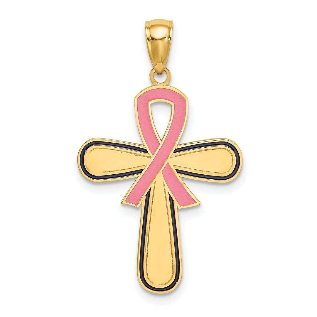 Lovely Rita's Pendants & Charms 14K Yellow Gold Textured Polished Finish Pink Enamel Finish Ribbon Breast Cancer Cross Pendant