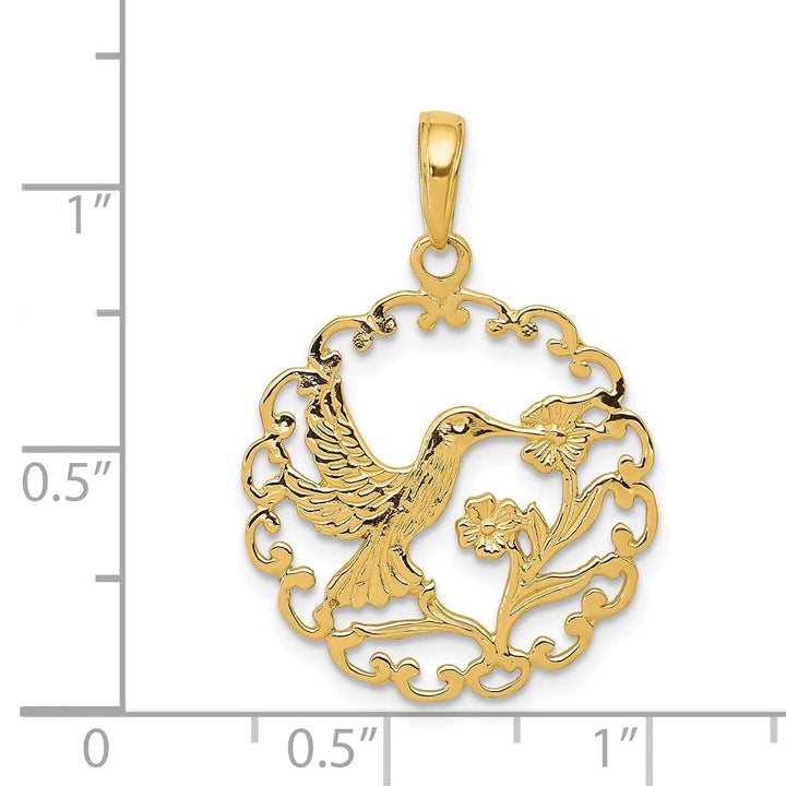Lovely Rita's Pendants & Charms 14k Yellow Gold Textured Polished Finish Soild Hummingbird in RoundCharm  Frame Pendant