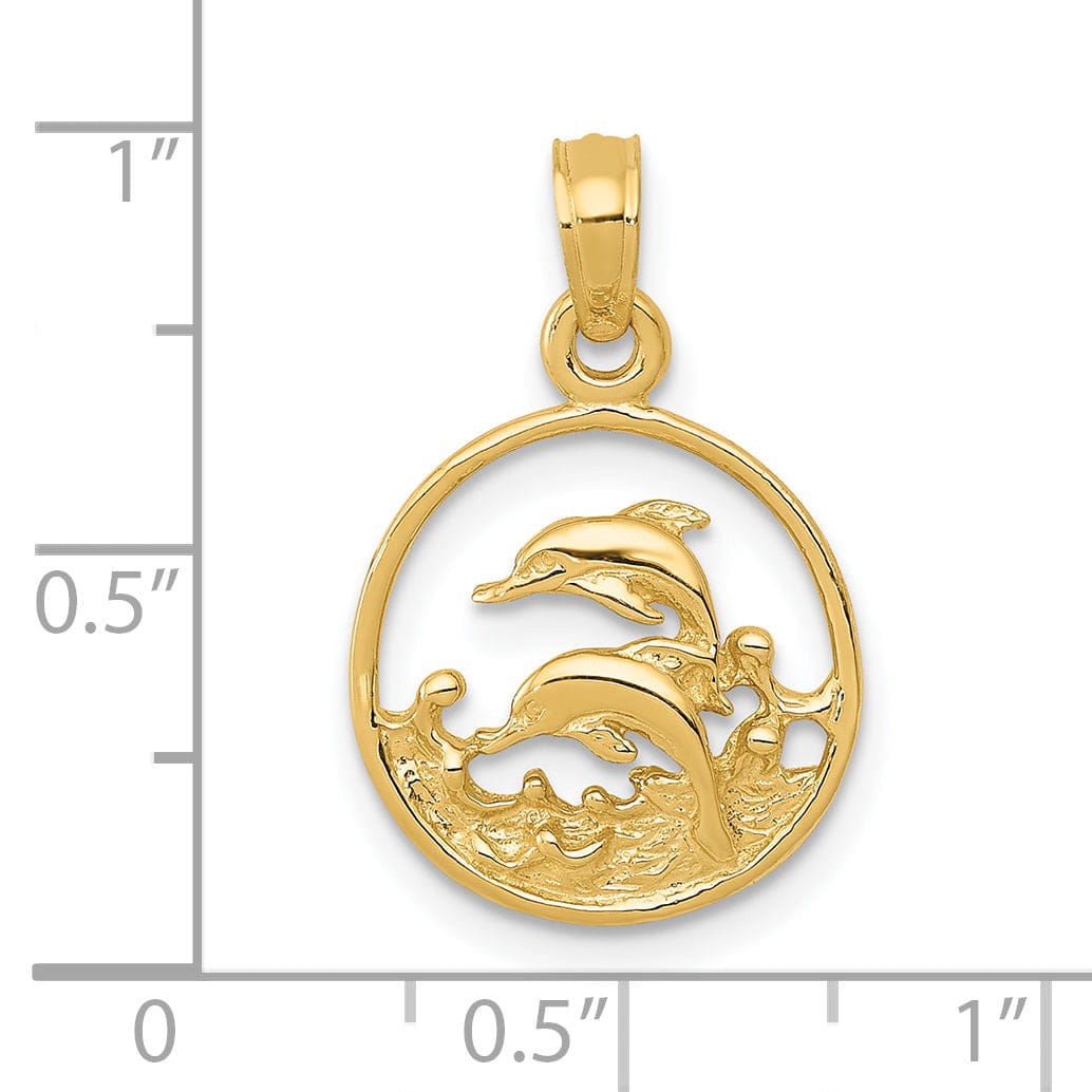 Lovely Rita's Pendants & Charms 14k Yellow Gold Textured Polished Finish Solid Double Swimming Dolphin Circle Design Charm Pendant
