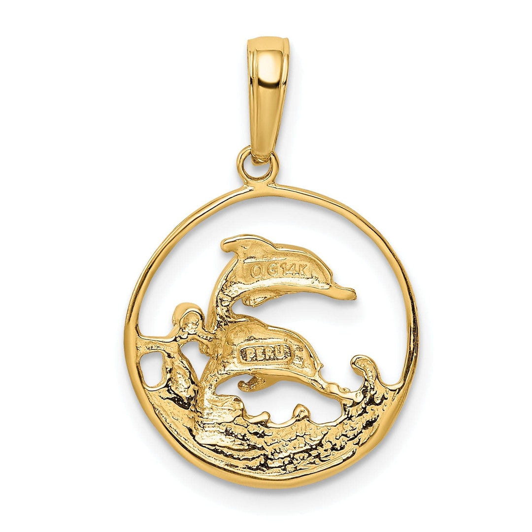 Lovely Rita's Pendants & Charms 14k Yellow Gold Textured Polished Finish Solid Double Swimming Dolphin Circle Design Charm Pendant
