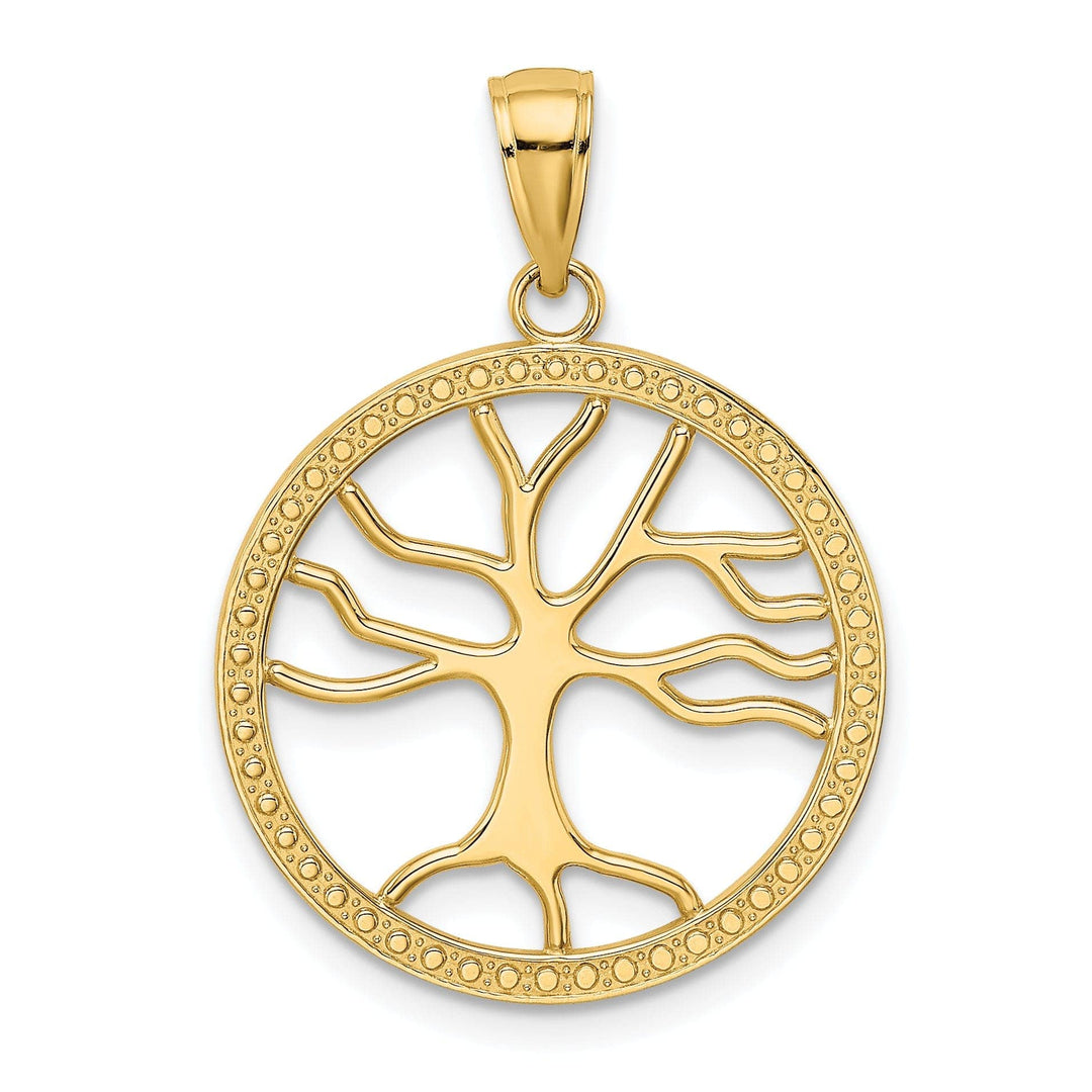 Lovely Rita's Pendants & Charms 14K Yellow Gold Textured Polished Finish Tree of Life in a Large Size Round Beaded Frame Design Charm Pendant