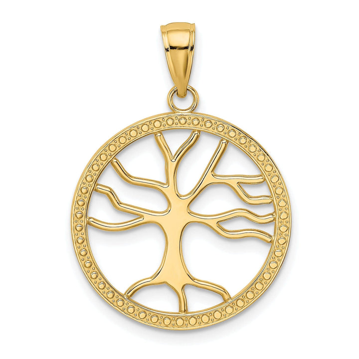 Lovely Rita's Pendants & Charms 14K Yellow Gold Textured Polished Finish Tree of Life in a Large Size Round Beaded Frame Design Charm Pendant