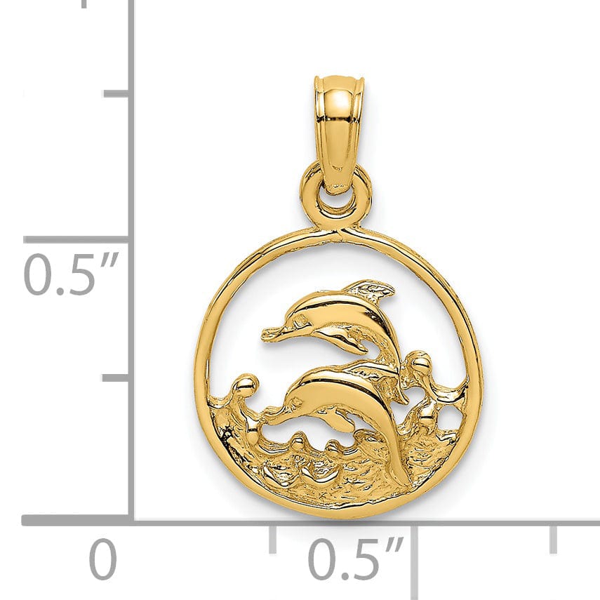 Lovely Rita's Pendants & Charms 14K Yellow Gold Textured Polished Finish Two Dolphins Swimming in Circle Shape Design Charm Pendant
