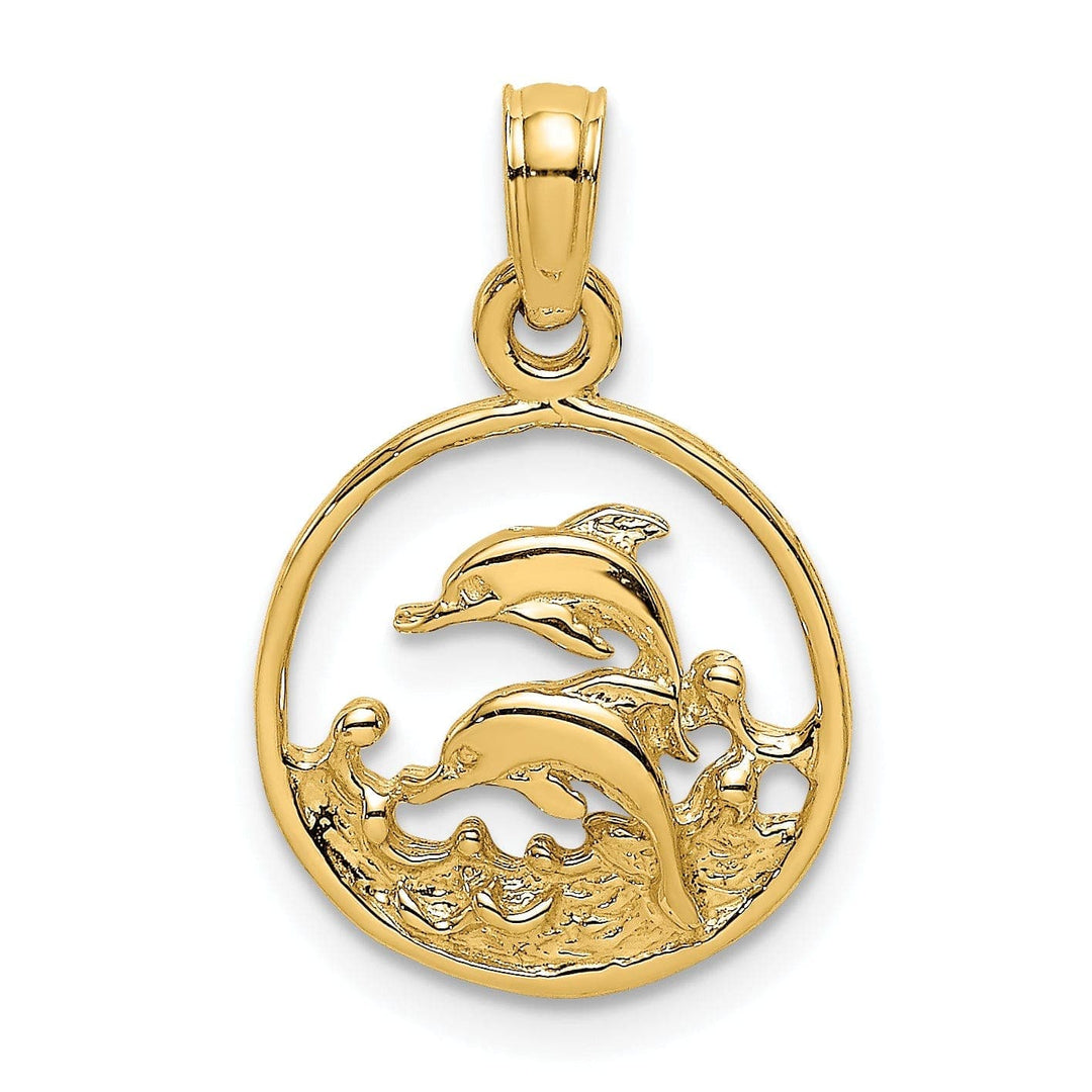Lovely Rita's Pendants & Charms 14K Yellow Gold Textured Polished Finish Two Dolphins Swimming in Circle Shape Design Charm Pendant