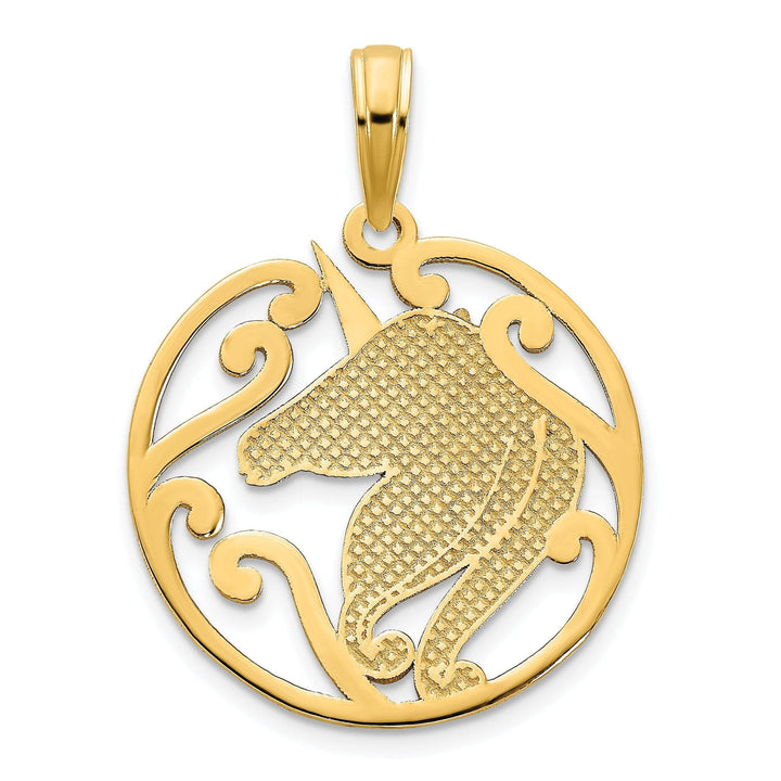 Lovely Rita's Pendants & Charms 14k Yellow Gold Textured Polished Finish Unicorn in a Circle Design Womens Charm Pendant